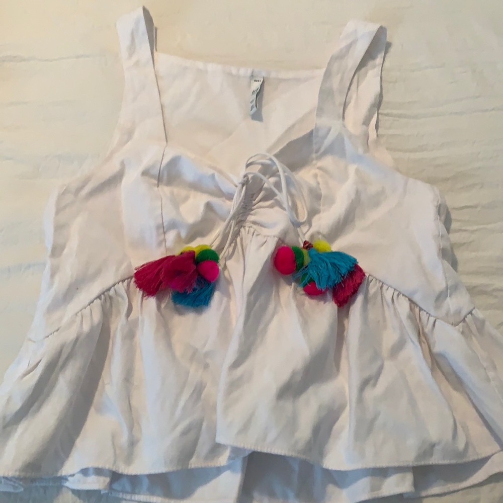 Zara white Pom Pom tassel top
